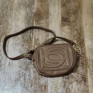 bebe Tan Crossbody Bag with Abstract Design and Long Strap